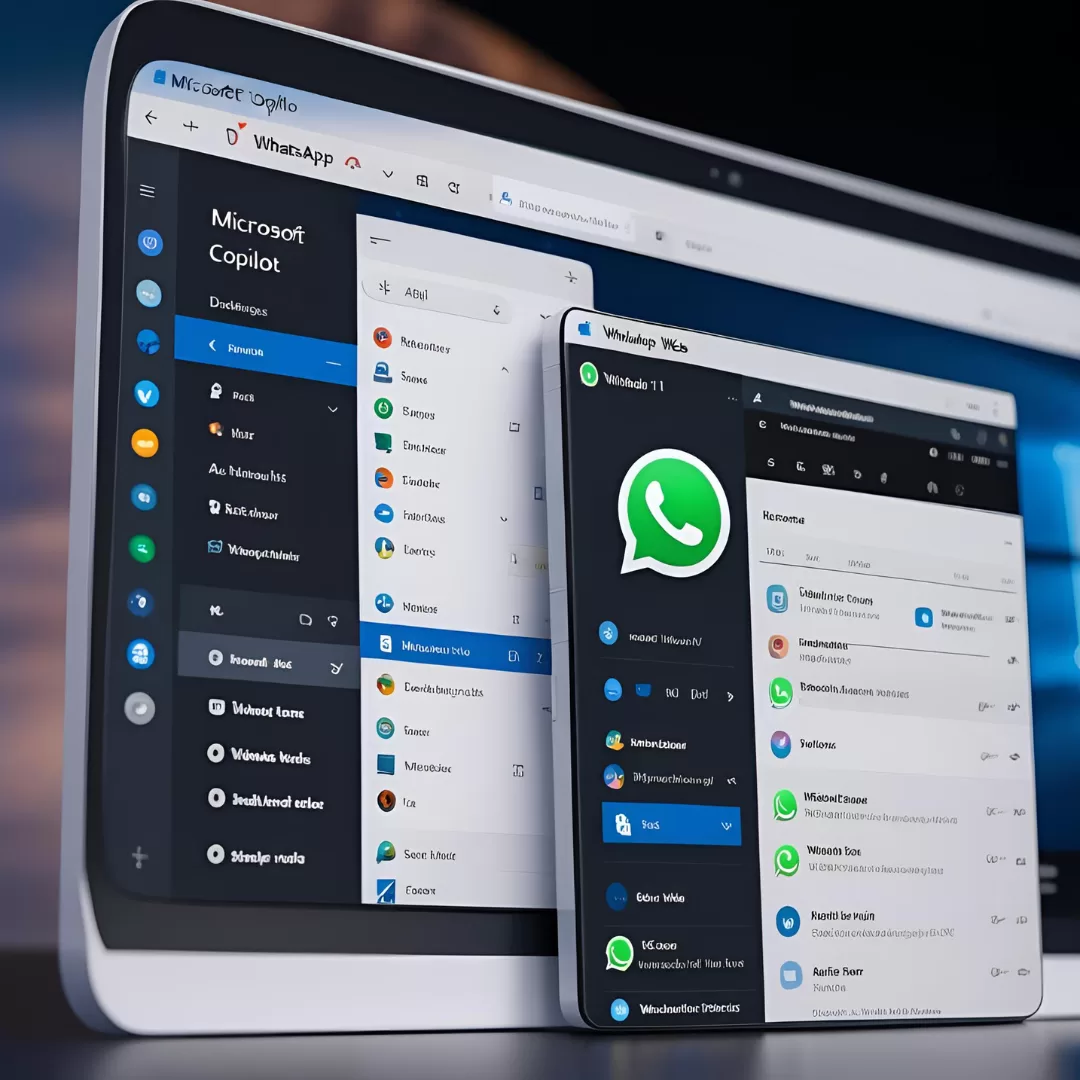 Interface do Microsoft Copilot ao lado do WhatsApp Web no Windows 11